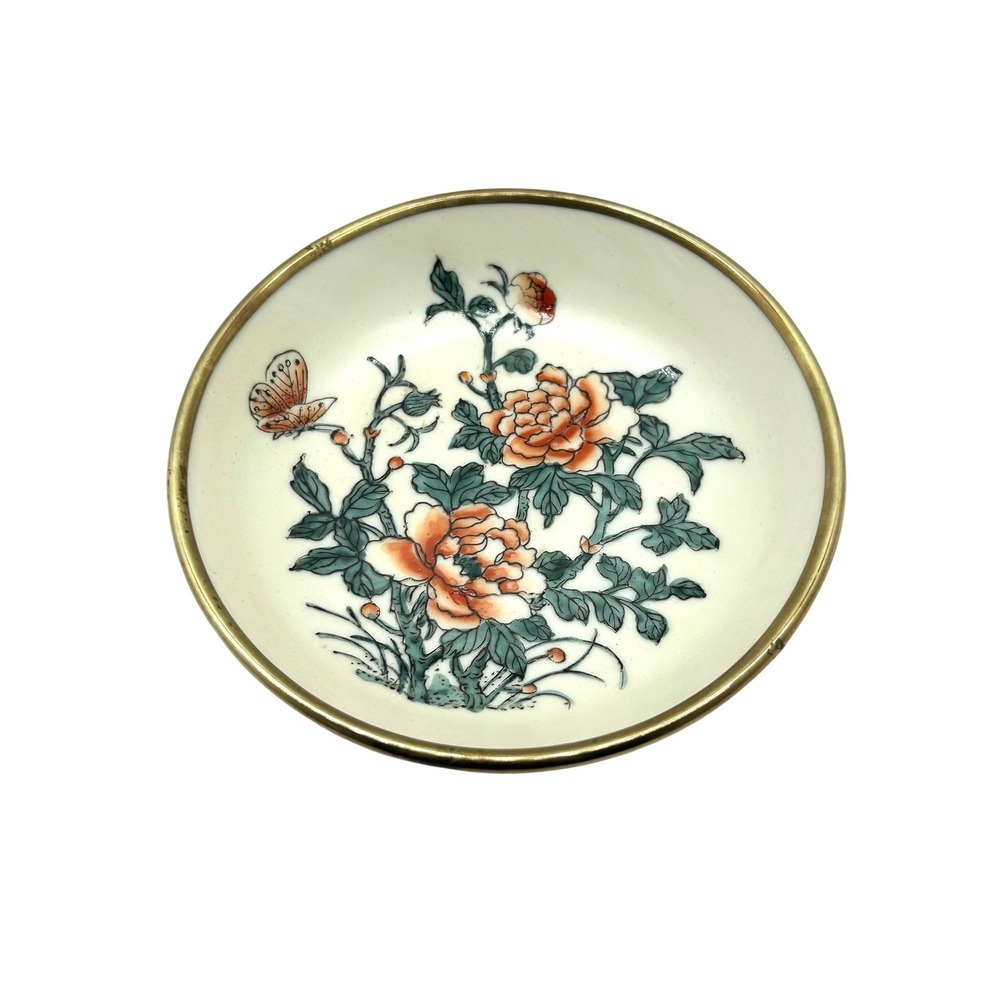 Vintage Japanese Porcelain Ware Brass Encased Floral Peony Butterfly Bowl 5.5"